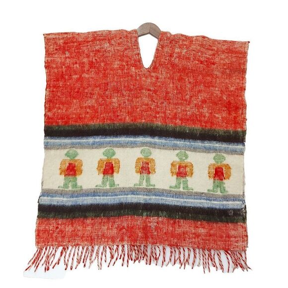 Wool Poncho One Size Red Beige Kids Knitted Fringed - Picture 1 of 8